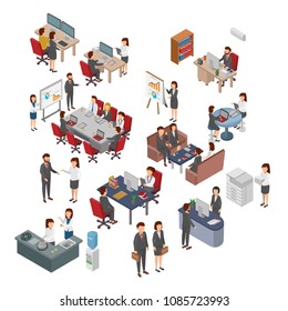 Set Of Isometric Office, Bussiness People Teamwork. Flat 3D Vector