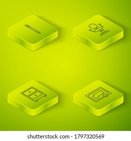 Set Isometric Office chair, Drawer with documents, Certificate template and Pencil eraser icon. Vector