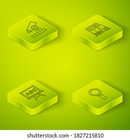 Set Isometric Office folders, Chalkboard, Magnifying glass and Microscope icon. Vector