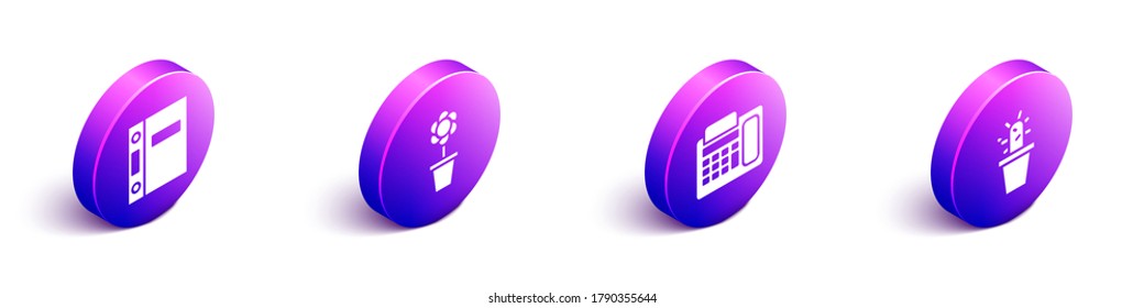 Set Isometric Office folders, Flower in pot, Telephone and Cactus and succulent in pot icon. Vector
