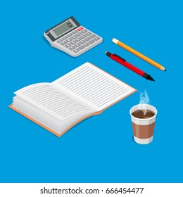 Set of isometric office objects.Notebook, pen, pencil, calculator, glass of coffee.3D style.Concept of office working day.Elements for design.Vector illustration in flat style.