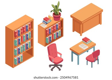 Conjunto de muebles isométricos de oficina o escuela con escritorio, estanterías y sillas. Ilustración vectorial aislada sobre fondo blanco