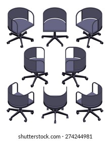 Set of the isometric office spinning chairs. The objects are isolated against the white background and shown from different sides
