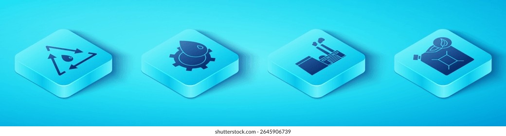 Set Isometric Oil drop with recycle, Oil industrial factory building, Bio fuel canister and Oil industrial factory building icon. Vector