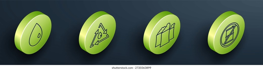 Gota de aceite isométrica, gota de aceite con reciclaje, edificio de la fábrica industrial de petróleo y sin barril para el icono de gasolina. Vector