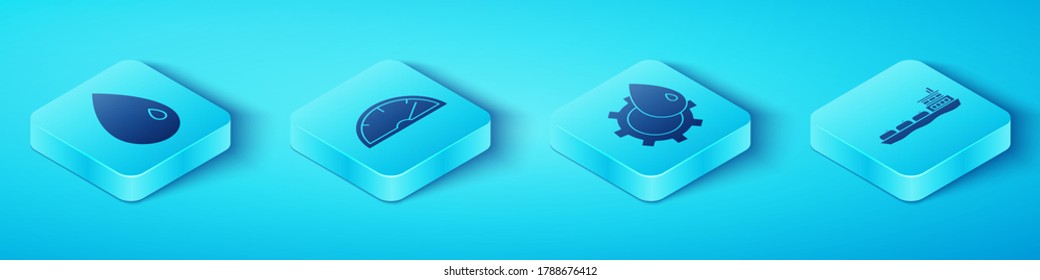 Indique la caída de aceite isométrico, el velocímetro, el buque petrolero y el icono de construcción de la fábrica industrial de aceite. Vector