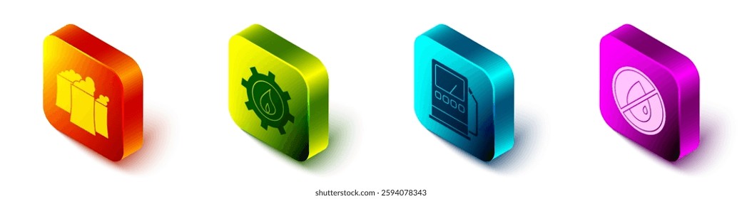 Set Isometric Oil industrial factory building, Oil industrial factory building, Petrol or gas station and No oil drop icon. Vector