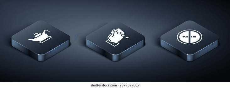Set Isometric Oil lamp, No Smoking and Hands praying position icon. Vector