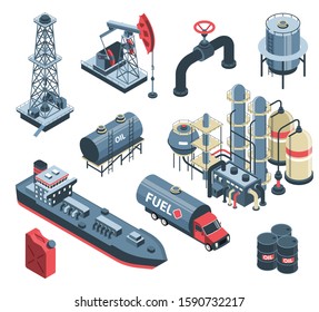 Conjunto de la industria petrolera isométrica con imágenes aisladas de instalaciones de plantas industriales y unidades de almacenamiento ilustración vectorial