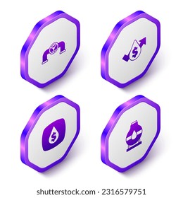 Set Isometric Oil pipe with valve, price increase, drop dollar symbol and tank storage icon. Purple hexagon button. Vector