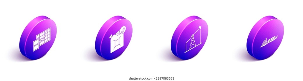 Set Isometric Oil price increase, Bio fuel canister, Oil pump or pump jack and Oil tanker ship icon. Vector