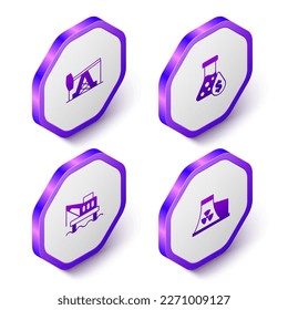 Set Isometric Oil pump or pump jack, petrol test tube, platform in the sea and Nuclear power plant icon. Purple hexagon button. Vector