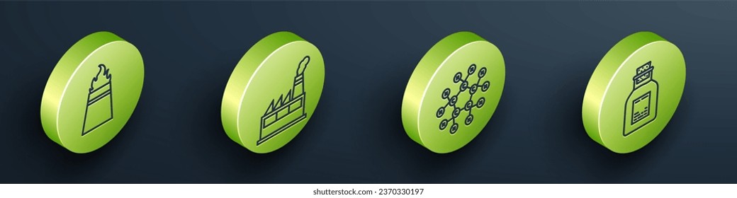 Set Isometric Oil rig with fire, Oil industrial factory building, Molecule oil and Oil petrol test tube icon. Vector