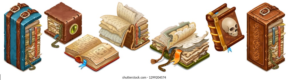 Set isometric old books of magic spells and witchcraft with torn pages for computer game in cartoon style. Leather binders decorated belt. 3d isolated vector illustration.