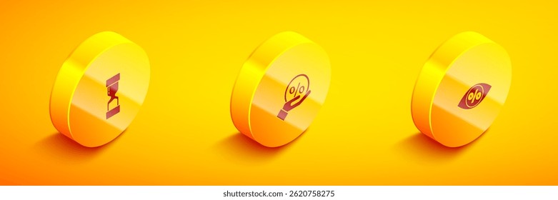 Set Isometric Old hourglass, Discount percent tag and Eye with icon. Vector