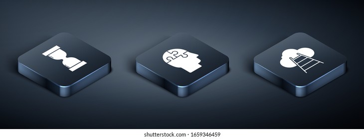 Set Isometric Old hourglass with flowing sand, Ladder leading to cloud and Human head puzzles strategy icon. Vector