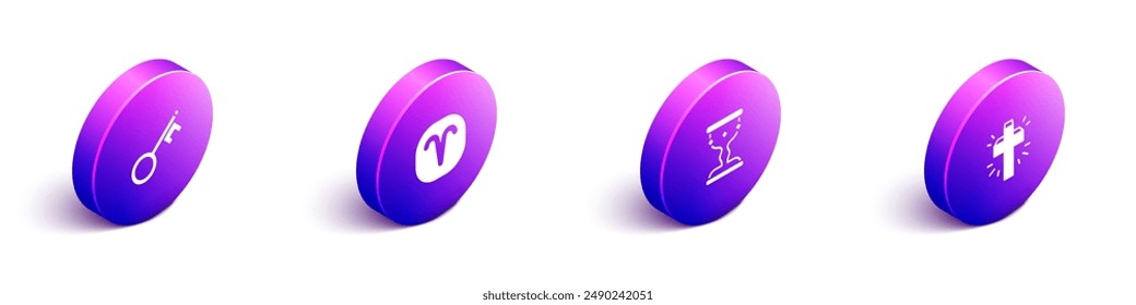 Set Isometric Old key, Aries zodiac, Medieval goblet and Christian cross icon. Vector