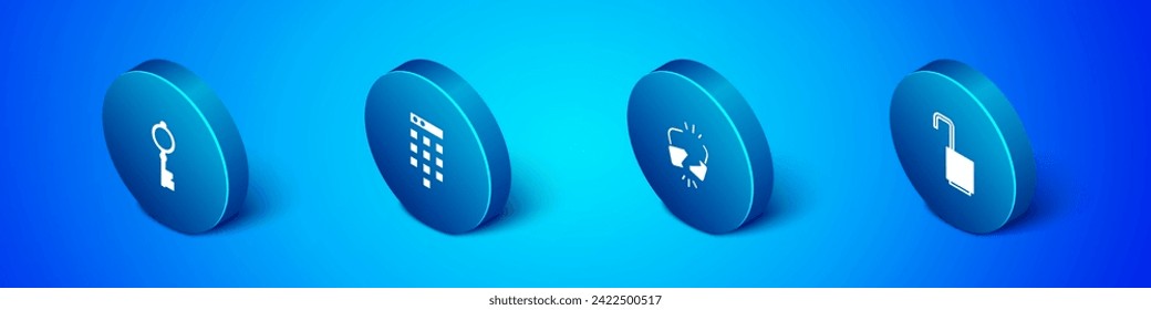 Set Isometric Old key, Broken or cracked lock, Open padlock and Password protection icon. Vector