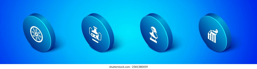 Set Isometric Old wooden wheel, Ancient bust sculpture, Broken ancient column and amphorae icon. Vector