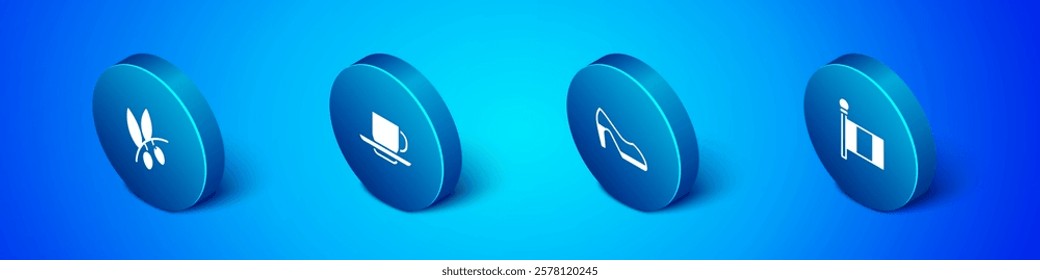 Set Isometric Olives branch, Woman shoe, Flag Italy and Coffee cup icon. Vector