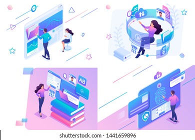 Set Isometric On The Topic Of Online Training, Information Security, Data Analytics. For Website And Mobile Website Development