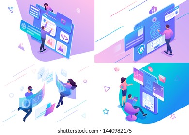 Set isometric on the topic of web design, information security, mobile application testing, alternative reality. For website and mobile website development