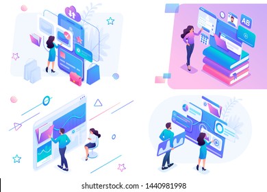 Set isometric on the topics of online shopping, statistical analysis, digital marketing. For website and mobile website development