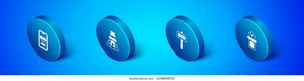 Definir leilão Isometric Online, Pá de mão segurando, Venda de joias leilão e ícone vaso antigo. Vetor
