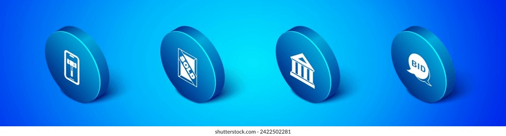 Set Isometric Online auction, Museum building, Bid and Auction painting sold icon. Vector