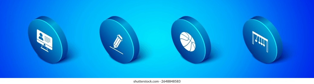 Set Isometric Online class, Basketball ball, Pendulum and Pencil with eraser icon. Vector