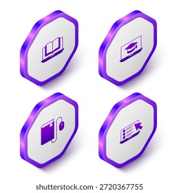 Set Isometric Online class, Graduation cap on laptop, Electronic book with mouse and quiz, test, survey icon. Purple hexagon button. Vector