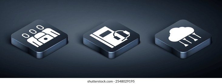 Definir classe Isometric Online, conexão em nuvem de rede e ícone do livro de áudio. Vetor