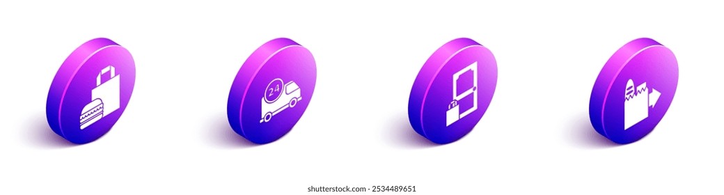 Definir Isometric Online ordem hambúrguer entrega, Entrega rápida por carro, Pedido e entrega on-line e pedido on-line e ícone de entrega. Vetor