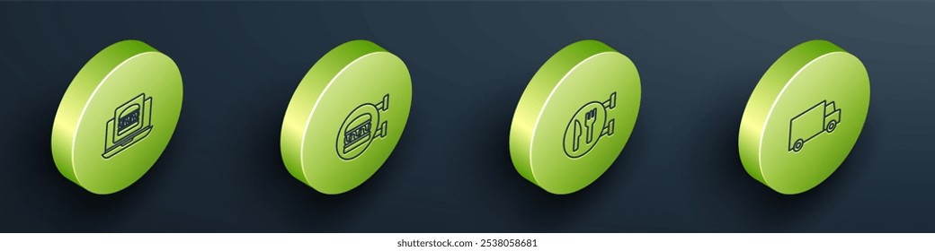 Definir Isometric Online encomendar hambúrguer entrega, , Cafe e restaurante localização e rápido por ícone do carro. Vetor