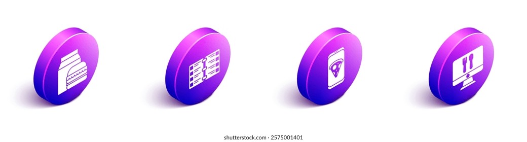 Set Isometric Online ordering and burger delivery, Restaurant cafe menu, Food ordering pizza and Online ordering and delivery icon. Vector