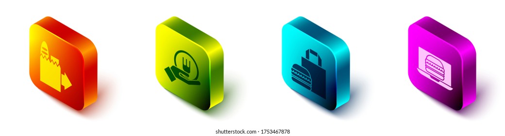 Set isometrische Online Bestellung und Lieferung, Online Bestellung und Lieferung, Online Bestellung und Lieferung, Online Bestellung der Burger Lieferung und Online Bestellung des Burgerschiffs. Vektorgrafik