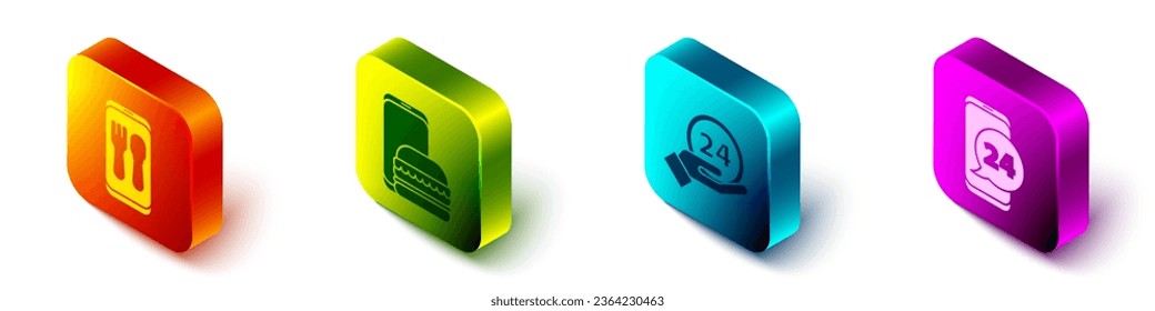 Set Isometric Online ordering and delivery, Online ordering and delivery, Clock 24 hours and Food ordering icon. Vector