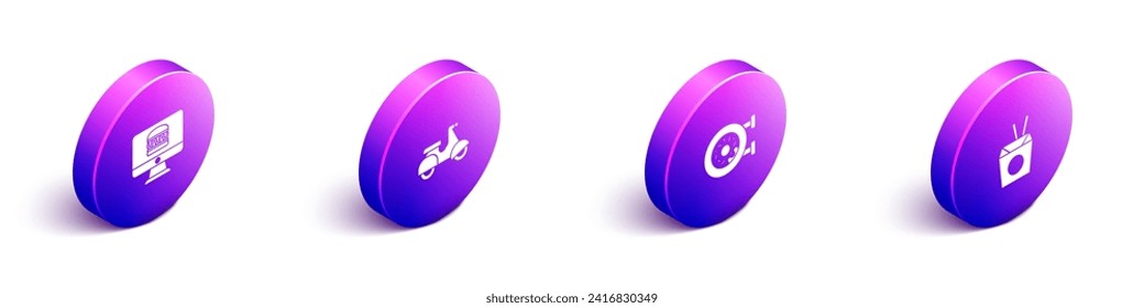 Establece el pedido y entrega de Isometric Online, icono de palillos de Scooter, Donut y tallarines asiáticos. Vector
