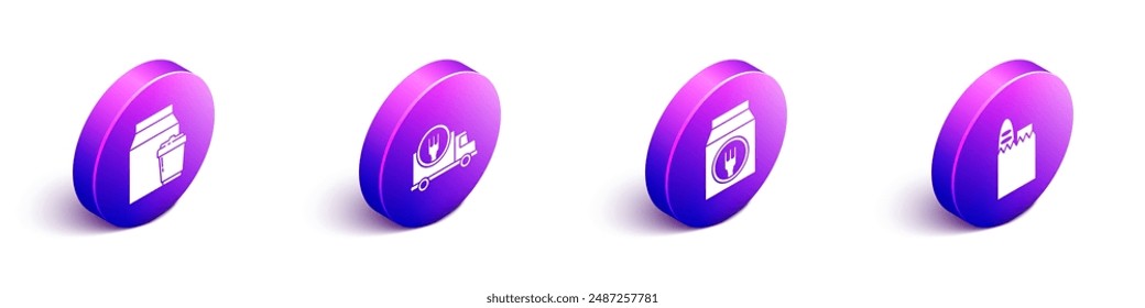 Set Isometric Online ordering and delivery, Fast delivery by car, Online ordering and delivery and Shopping bag and food icon. Vector
