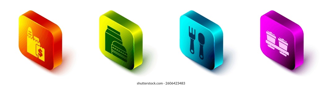 Set Isometric Online ordering and delivery, Online ordering and burger delivery, Fork and spoon and Coffee cup to go icon. Vector