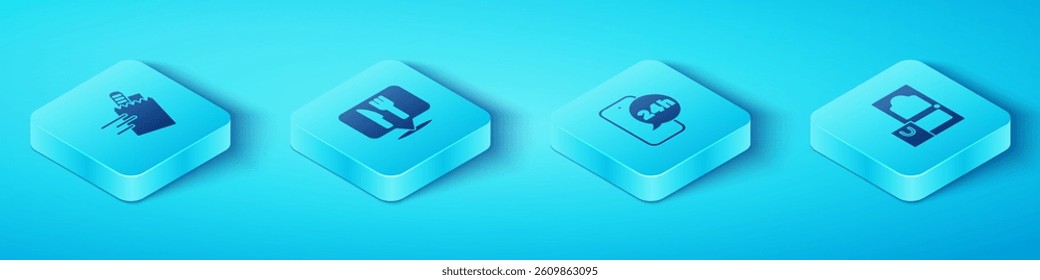 Set Isometric Online ordering and delivery, Cafe restaurant location,  and Food icon. Vector