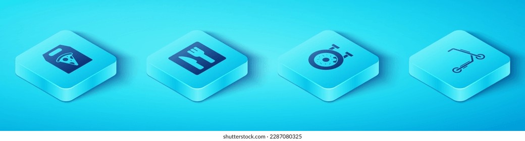 Set Isometric Online ordering pizza delivery, Cafe and restaurant location, Scooter and Donut icon. Vector