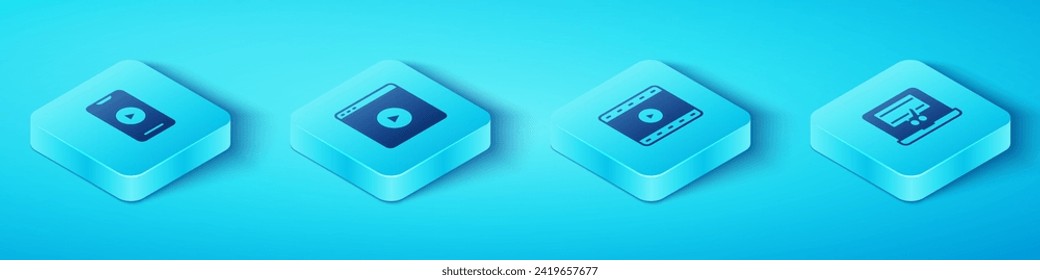 Set Isometric Online play video, , Video recorder on laptop and Play icon. Vector