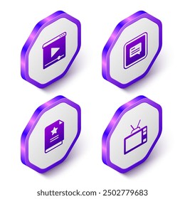 Set Isometric Online play video, Video with subtitles, Scenario and Retro tv icon. Purple hexagon button. Vector