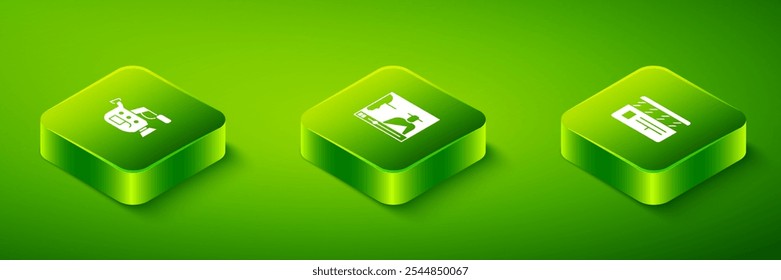 Set Isometric Online play video, Movie clapper and Cinema camera icon. Vector