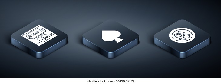Set Isometric Online poker table game, Glass of whiskey and ice cubes and Playing card with spades symbol icon. Vector