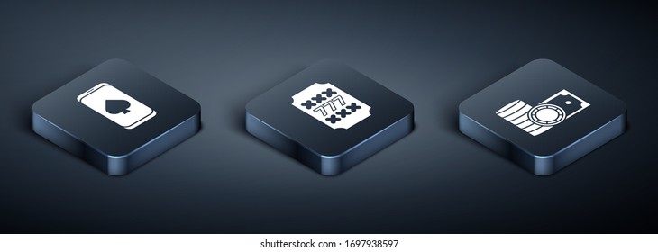 Set Isometric Online poker table game, Casino chips and stacks money cash and Slot machine with lucky sevens jackpot icon. Vector