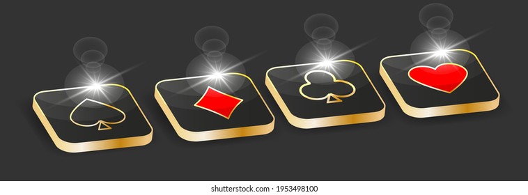 
Set isometric online poker table game, playing card suits of hearts, spades, clubs and diamonds. 3d buttons. Vector