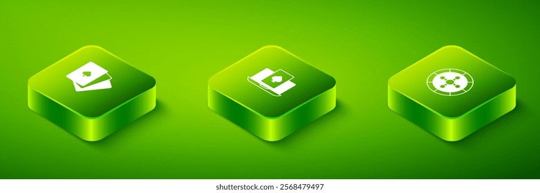 Set Isometric Online poker table game, Casino roulette wheel and Deck of playing cards icon. Vector