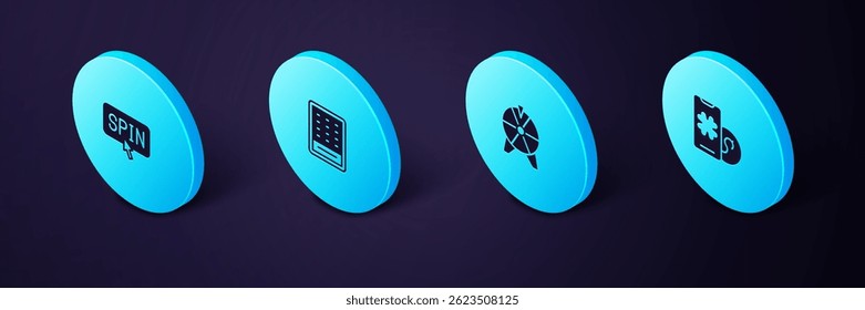 Set Isometric Online poker table game, Lucky wheel, Lottery ticket and Slot machine spin button icon. Vector